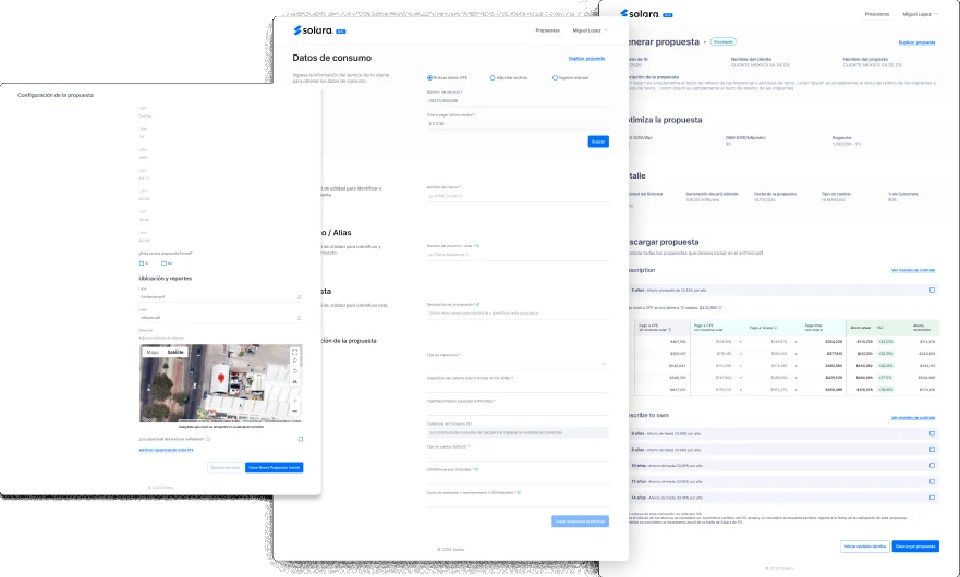 Three screens of the first Solar Proposal Tool: proposal configuration, consumption data and proposal download.