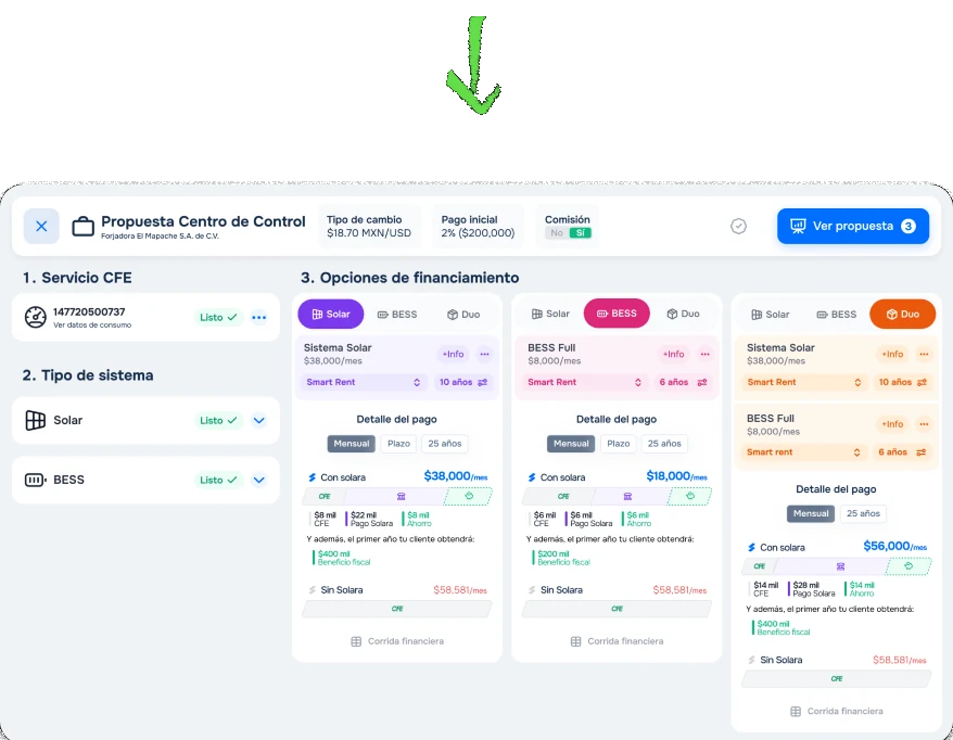 Proposal Tool 3.0 control center with solar, BESS and duo options side by side.