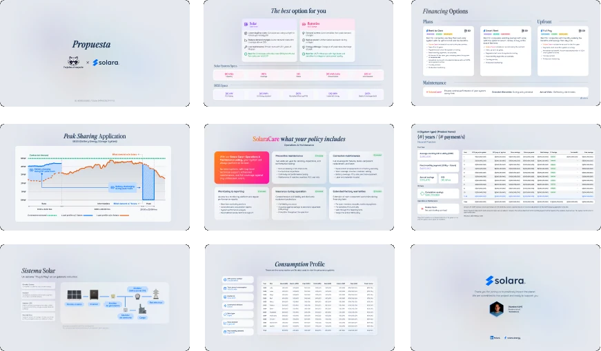 Nine slides of the generated solar presentation.